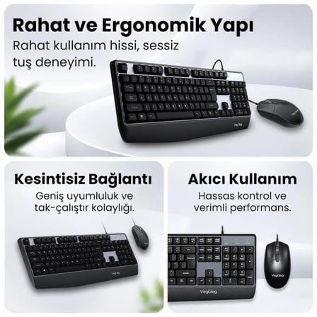 VegGieg MK500A Ergonomik Kablolu Türkçe Q Klavye Mouse Seti Siyah