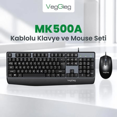 VegGieg MK500A Ergonomik Kablolu Türkçe Q Klavye Mouse Seti Siyah