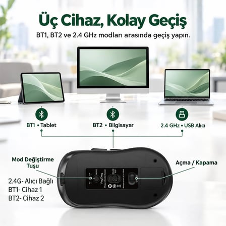 VegGieg G900 Dual-Mode Bluetooth 5.3 ve 2.4GHz 3600DPI Ekranlı Şarjlı Optik Kablosuz Mouse Siyah