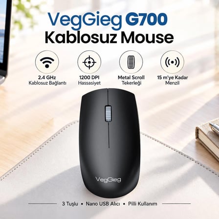 VegGieg G700 Kablosuz Mouse 2.4GHz Nano Usb Alıcı 3 Tuşlu Pilli Optik Mouse