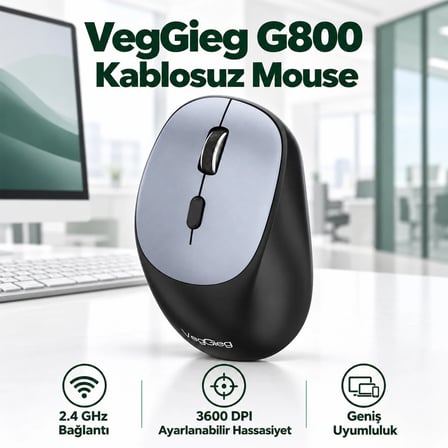VegGieg G800 Kablosuz 2.4GHz 3600DPI Optik Mouse Gri
