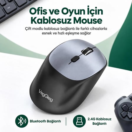 VegGieg G880 Dual-Mode Bluetooth 5.3 ve 2.4GHz 3600DPI Optik Kablosuz Mouse Gri