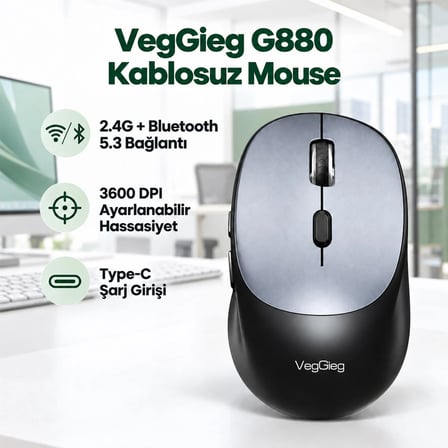 VegGieg G880 Dual-Mode Bluetooth 5.3 ve 2.4GHz 3600DPI Optik Kablosuz Mouse Gri