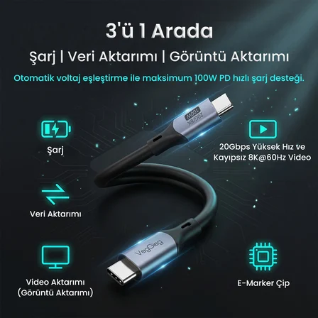 VegGieg 100W 5A USB 3.2 Gen2 20 Gbps 8K 60Hz Type-C Görüntü Şarj ve Data Kablosu 1 Metre