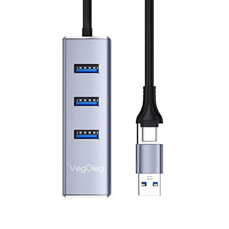VegGieg USB ve Type-C Gigabit Ethernet Adaptörü 3 Port USB 3.0 Çoklayıcı Hub