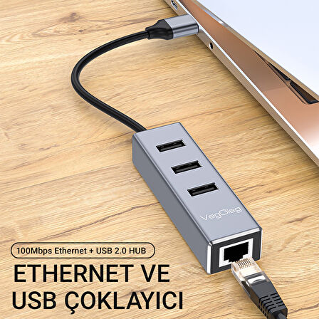 Veggieg USB 2.0 to 100Mbps Ethernet Çevirici ve 3 Portlu USB Hub Çoklayıcı