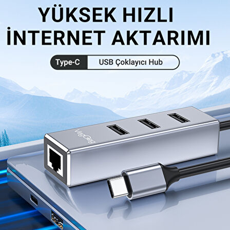 Veggieg USB Type-C to 100Mbps Ethernet Çevirici ve 3 Portlu USB Hub Çoklayıcı
