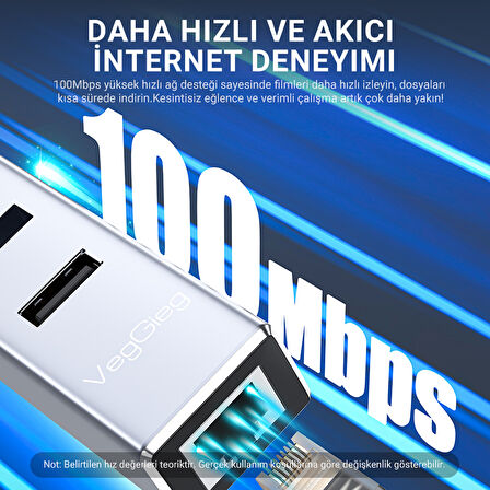 Veggieg USB Type-C to 100Mbps Ethernet Çevirici ve 3 Portlu USB Hub Çoklayıcı