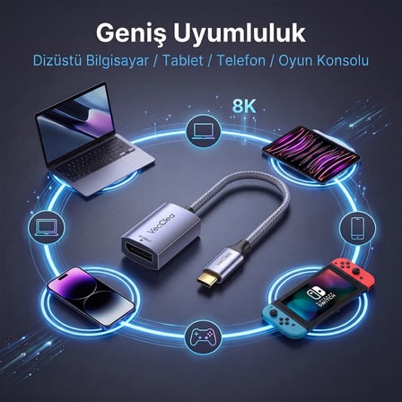 Veggieg Type-C to DisplayPort (DP) 8K 60Hz OFC Bakır Çevirici Dönüştürücü Adaptör