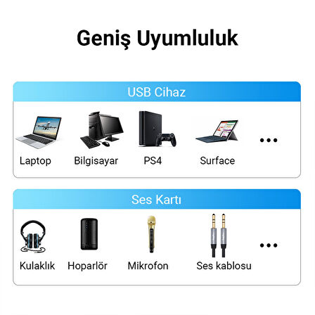 VegGieg USB Harici Ses Kartı Adaptörü 3.5mm Kulaklık ve Mikrofon Girişli