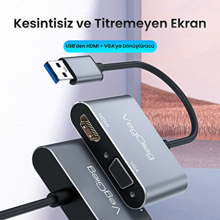 VegGieg USB-A to 4K 30Hz HDMI ve 1080P 60Hz VGA Görüntü Çevirici Kablo