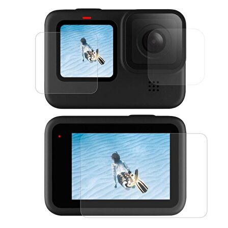 GoPro Hero12 Black / Hero11 / Hero10 / Hero9 Black İçin Temperli Kırılmaz Cam Filmi Ekran Koruyucu ( Ön Ekran + Arka Ekran + Lens )