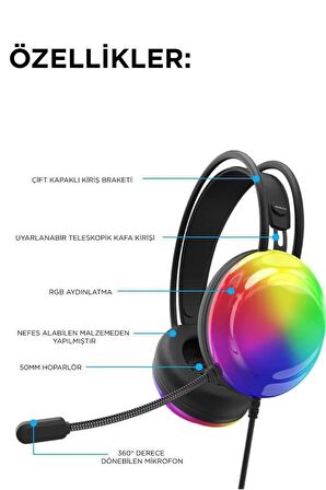 Lenovo G30B RGB Işıklı Siyah Kulak Üstü Kablolu Gaming Kulaklık