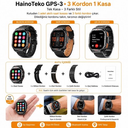 HainoTeko GPS-3 Akıllı Saat GPS Özellikli 5ATM Su Geçirmez AMOLED Ekran 3 Kordonlu BT Arama Siyah