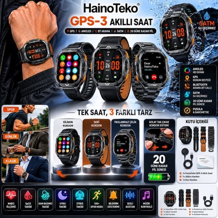 HainoTeko GPS-3 Akıllı Saat GPS Özellikli 5ATM Su Geçirmez AMOLED Ekran 3 Kordonlu BT Arama Siyah