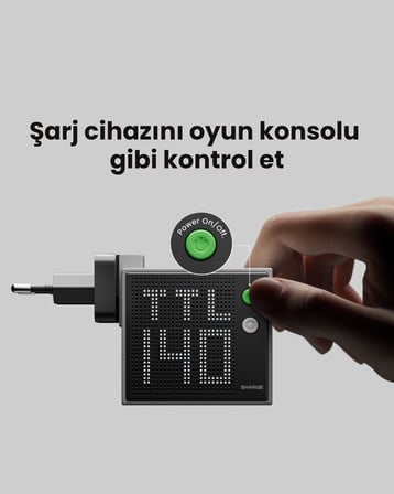 Sharge Pixel 140W GaN Hızlı Şarj Cihazı - 3 Portlu PD 3.1 - 5. Nesil GaN - Akıllı LED Ekranlı Adaptör