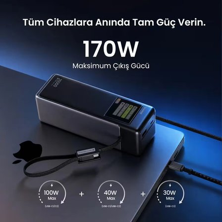 Sharge Hypertower 170W 25000 mAh Dahili Kablolu Akıllı Ekranlı Powerbank Taşınabilir Hızlı Şarj Cihazı