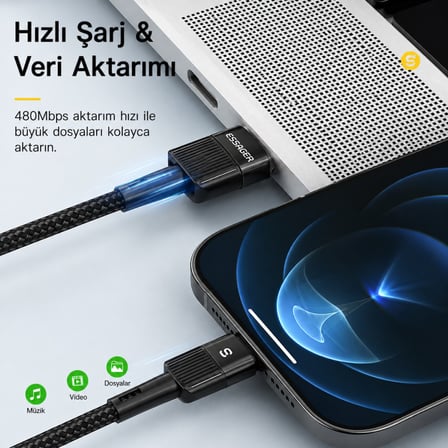 Essager USB-A to Lightning 2.4A Hızlı Şarj ve Data Kablosu – 480 Mbps Veri Aktarımı – Dayanıklı Örgülü Kablo 1 Metre