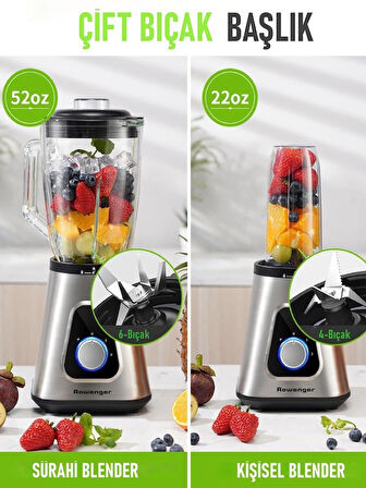 Rowenger 2in1 İnox 1.5lt Cam Hazneli Sürahi Smoothie Blender 600ml Kişisel Blender