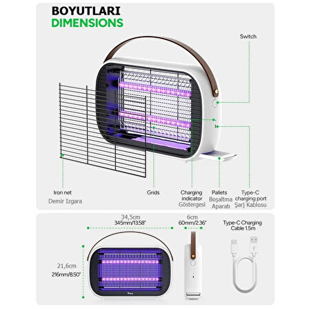 Rowenger MA15C UV-LED Işıklı 5200mAh  Şarjlı + Elektrikli Sivrisinek Öldürücü Lamba Sinek Öldürücü