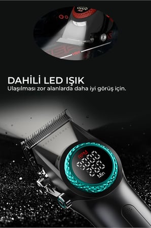 V-001 - Profesyonel Saç & Sakal Kesme Makinesi, 9000 RPM Yüksek Hız, Dijital LED Ekran, 10 Taraklı Şarj Standlı Set