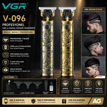 V-096 Profesyonel T-Blade Saç Sakal Kesme Makinesi 2000 mAh Şarjlı Kablosuz Erkek Tıraş Makinesi