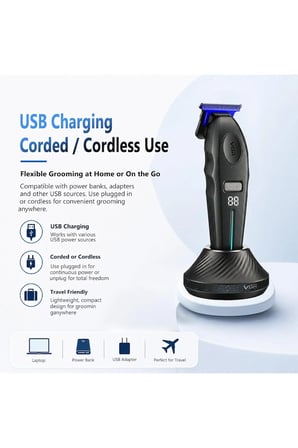 Şarjlı Tıraş Makinesi | V-887T - 9000 RPM 240 Dakika Profesyonel Trimmer - Siyah