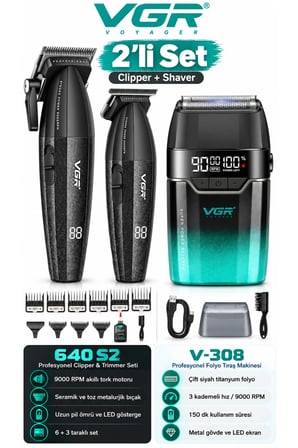 V-640 S2 & V-308 3'lü Berber Tıraş Makinesi Seti 9000 RPM Clipper Trimmer Metal Shaver