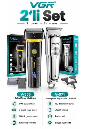 Tıraş Makinesi V-071 & V-355 - 7000 RPM T-Bıçak Trimmer IPX6 Folyo - 2'li Berber Seti