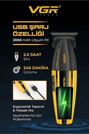 V-285T Muscular Şarjlı Sakal ve Ense Çizim Makinesi, Metal Gövde, 9000 RPM, DLC Seramik Bıçaklı - Trimmer