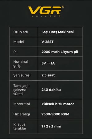 V-285T Muscular Şarjlı Sakal ve Ense Çizim Makinesi, Metal Gövde, 9000 RPM, DLC Seramik Bıçaklı - Trimmer