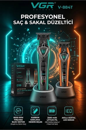 V-884T Profesyonel Sakal ve Ense Çizim Tıraş Makinesi, 8000 RPM BLDC Motor, Trimmer, Yedek Kapaklı
