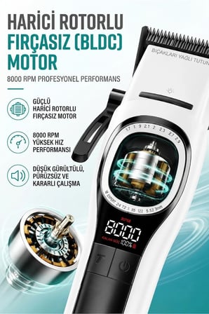 V-888C Profesyonel Saç Sakal Kesme, Tıraş Makinesi | Outer Rotor BLDC Motor | Seramik Bıçak | Clipper - Beyaz