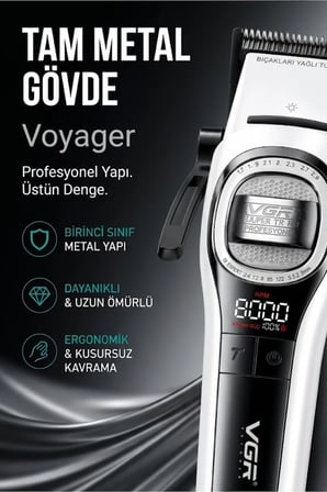 V-888C Profesyonel Saç Sakal Kesme, Tıraş Makinesi | Outer Rotor BLDC Motor | Seramik Bıçak | Clipper - Beyaz