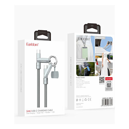 Earldom EC-208CC Boyun Askılı Type-C to Type-C 60W PD Hızlı Şarj Kablosu 1.2M - Gümüş