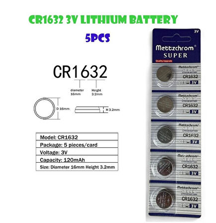 Mettzchrom Süper CR1632 3V Lityum Düğme Pil 5'li Paket