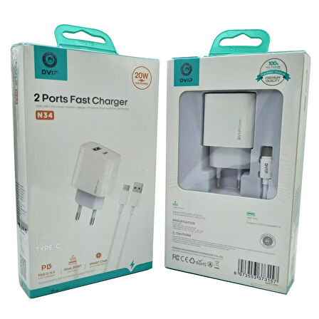 20W + 18W PD Çift Girişli Şarj Seti Usb Type-C DVIP N34