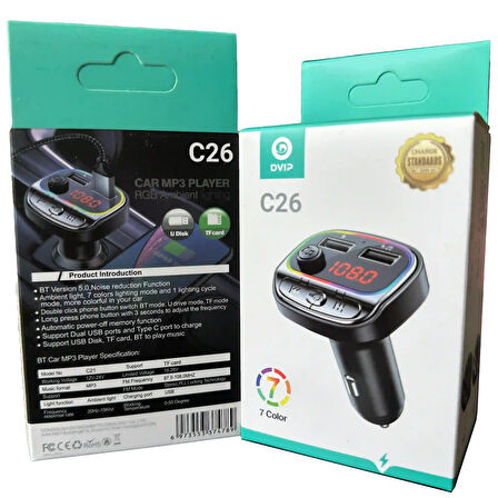 RGB Renkli Araba FM MP3 Çalar Kablosuz Bluetooth 5.0 C26