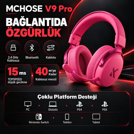 MCHOSE V9 Pro Rose Red 7.1 Surround Kablosuz Gaming Kulaklık (HW-V9-6)