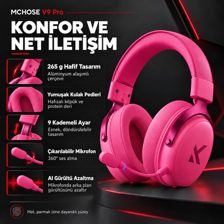 MCHOSE V9 Pro Rose Red 7.1 Surround Kablosuz Gaming Kulaklık (HW-V9-6)