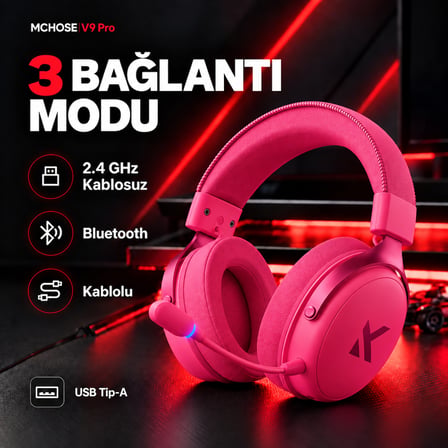 MCHOSE V9 Pro Rose Red 7.1 Surround Kablosuz Gaming Kulaklık (HW-V9-6)