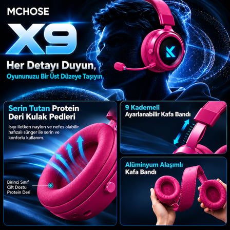 MCHOSE X9 Rose Red 7.1 Surround Kablosuz Gaming Kulaklık (MC-X9-3)