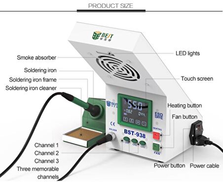 BEST BST-938 Ekranlı Duman Emici Fanlı Lehimleme Havya İstasyonu 