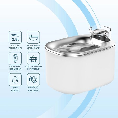 Haustier WF007L Otomatik Kedi Su Sebili, 3.5Lt Geniş Hazne, Bpa Içermez, Metal Üst Tabla, Ultra Sessiz, Beyaz