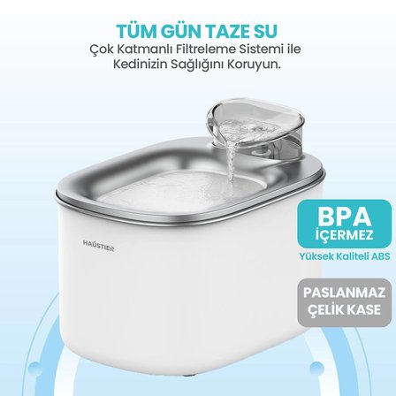 Haustier WF007L Otomatik Kedi Su Sebili, 3.5Lt Geniş Hazne, Bpa Içermez, Metal Üst Tabla, Ultra Sessiz, Beyaz