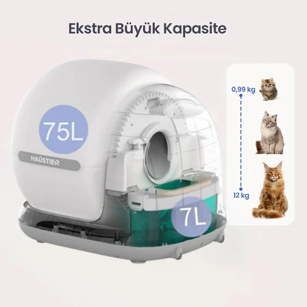 Haustier CB001 Akıllı Otomatik Kedi Tuvaleti, APP ile Kontrol, 75lt İç Hazne, 7lt Çöp Haznesi - Gri