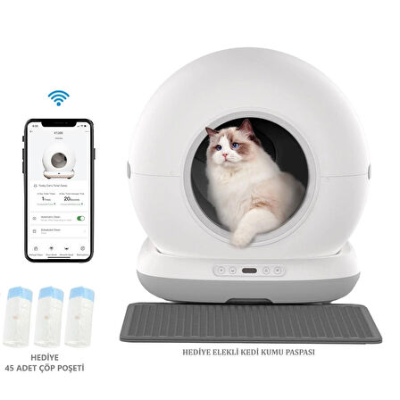 Haustier CB001 Akıllı Otomatik Kedi Tuvaleti, APP ile Uzaktan Kontrol, 75lt Hazne, 7lt Çöp haznesi, Ağırlık sensörlü, 3 Adet Deo + 45 Adet Çöp Torbası + Elekli Paspas Hediyeli (Gri)