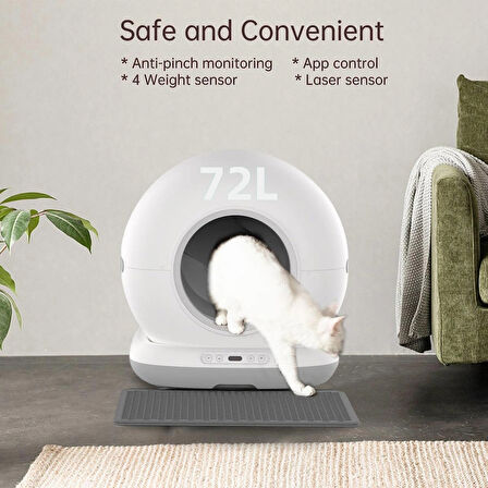 Haustier CB001 Akıllı Otomatik Kedi Tuvaleti, APP ile Uzaktan Kontrol, 75lt Hazne, 7lt Çöp haznesi, Ağırlık sensörlü, 3 Adet Deo + 45 Adet Çöp Torbası + Elekli Paspas Hediyeli (Gri)