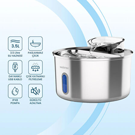 Haustier WF009L-W Pencereli Otomatik Kedi Su Sebili,Kedi Su Çeşmesi, Su Pınarı 3.5Lt Geniş Hazne,Ultra Sessiz, Çok Katmanlı Filtrasyon, Metal Tasarım