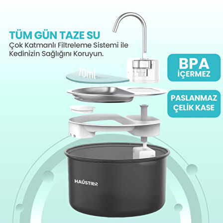 Haustier WF009LS Otomatik Kedi Su Sebili,Kedi Su Çeşmesi, Su Pınarı 3.5Lt Geniş Hazne, Çelik Tabla, Ultra Sessiz, BPA İçermez (Siyah, 3.5 lt)